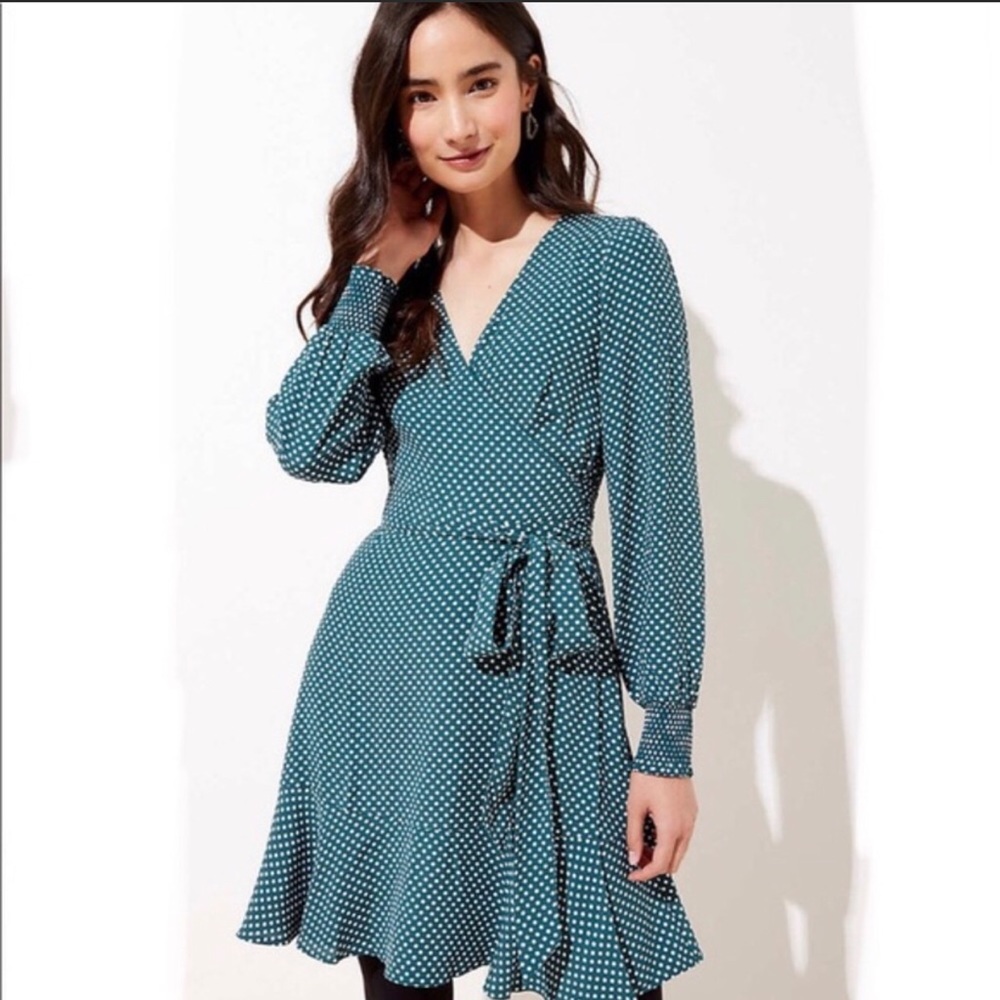 Loft Wrap Dress Emerald Green White Polka Dots